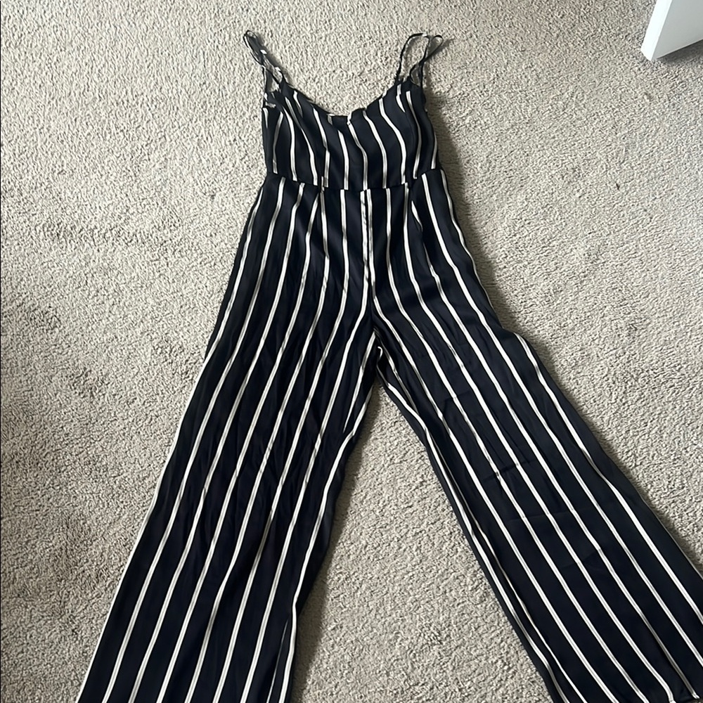 Striped Black, Yellow, and White Jumpsuit with Matching Belt